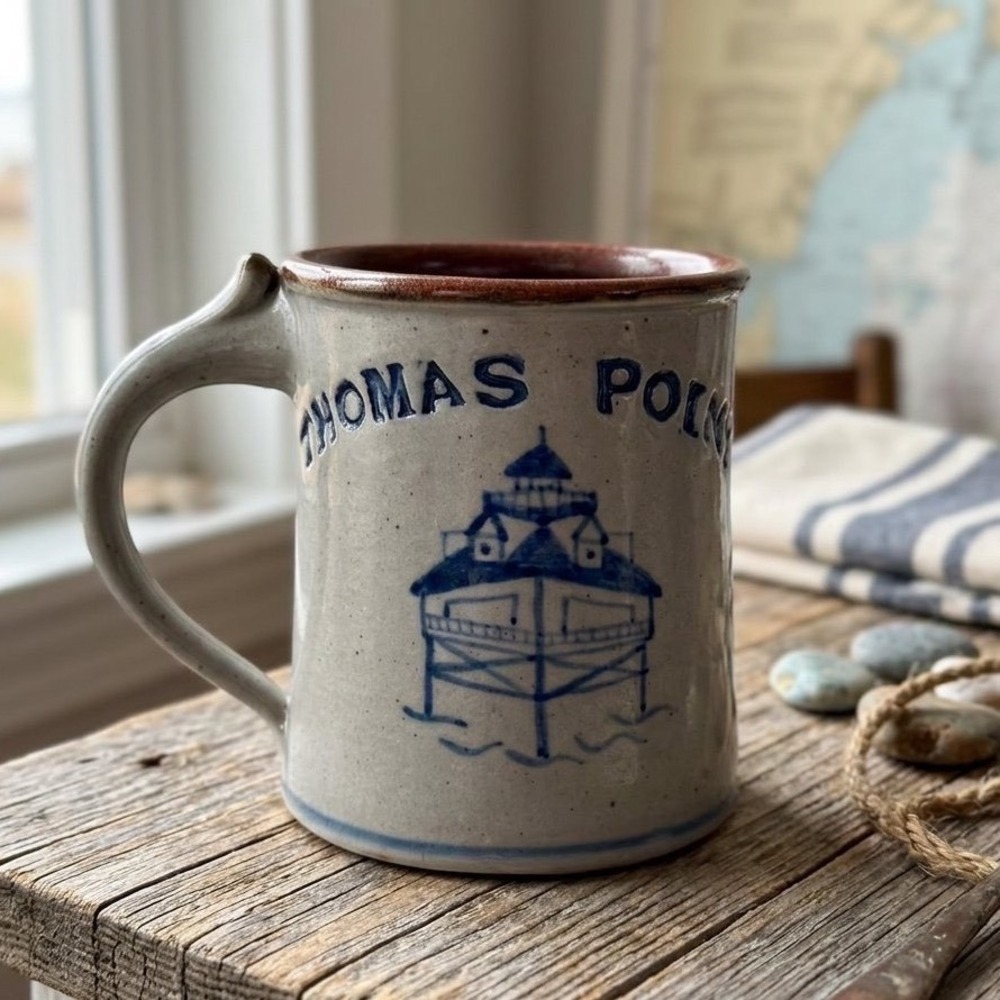 Vintage Hand-Thrown Stoneware Thomas Point Lighthouse Mug - Artist Signed